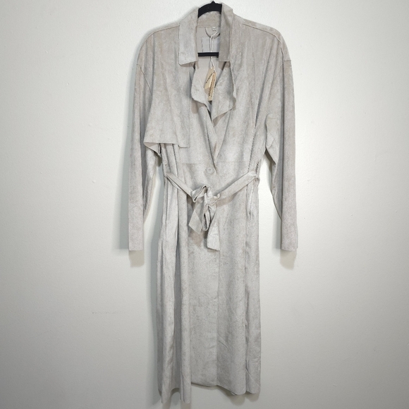 FREE PEOPLE X BLANK NYC Vegan Suede Wrap Trench Coat Iced Chai Women XL NWT - Picture 4 of 16